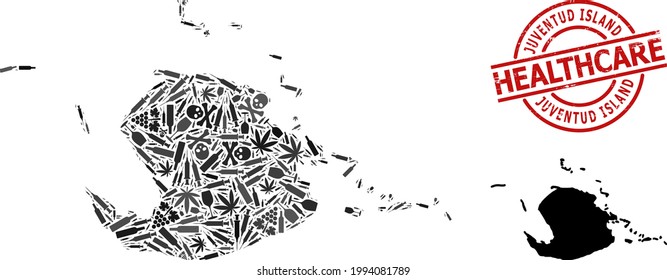 Vector narcotic mosaic map of Juventud Island. Rubber health care round red seal. Concept for narcotic addiction and medical doctrines. Map of Juventud Island is formed with inoculation needles,