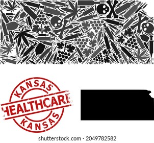 Mapa vectorial de mosaicos narcóticos del estado de Kansas. Grunge la marca de agua roja. Plantilla para la adicción a los narcóticos y afiches de atención médica. Mapa del estado de Kansas hecho con jeringas de inoculación,