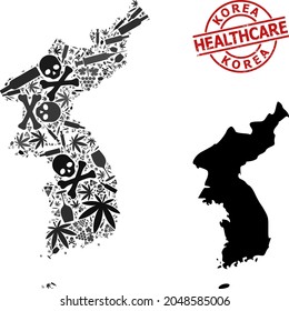 Vector narcotic mosaic map of Korea. Grunge healthcare round red imprint. Template for narcotic addiction and healthcare propaganda. Map of Korea is done from inoculation syringes, mortal, medicine,