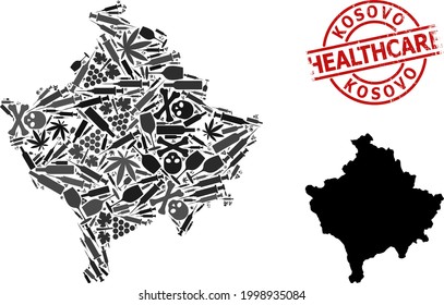 Mapa vectorial de mosaico de narcóticos de Kosovo. Sello rojo de sello de sellado para la atención de salud. Concepto de adicción a los narcóticos y propaganda sanitaria. El mapa de Kosovo se crea a partir de jeringas para inyección, toxina,