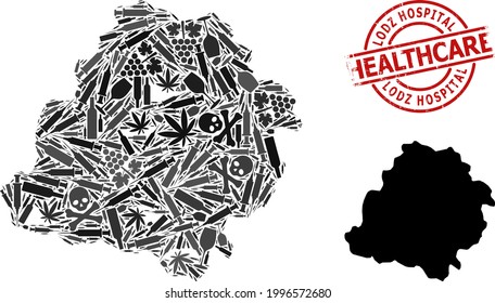 Vector narcotic mosaic map of Lodz Province. Rubber health care round red seal stamp. Concept for narcotic addiction and health care agitation. Map of Lodz Province is formed of injection syringes,
