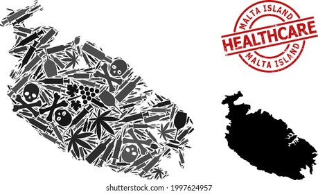 Vector narcotic mosaic map of Malta Island. Grunge health care round red seal. Template for narcotic addiction and health care purposes. Map of Malta Island is designed from injection needles, deadly,