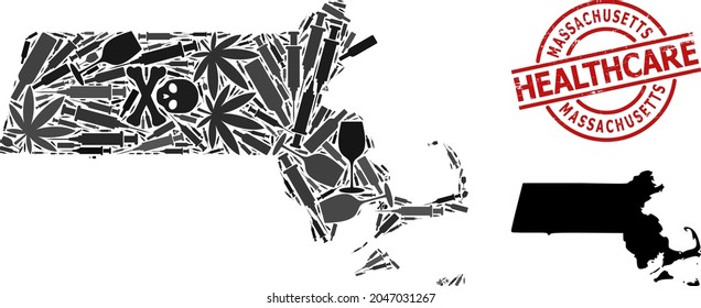 Vektor narkotischen Mosaik Karte von Massachusetts State. Grunge Gesundheit rund um rotes Wasserzeichen. Konzept für Suchtstoffabhängigkeit und Gesundheitsversorgung Agitprop.