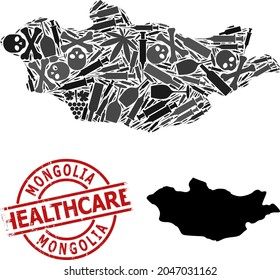 Vector narcotic mosaic map of Mongolia. Grunge health care round red watermark. Concept for narcotic addiction and medicine proclamations. Map of Mongolia is shaped of inoculation syringes, toxin,