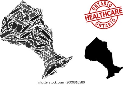 Vector narcotic mosaic map of Ontario Province. Grunge health care round red watermark. Template for narcotic addiction and health care applications.