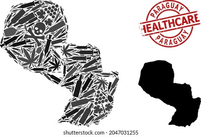 Mapa vectorial de mosaico narcótico de Paraguay. Atención de salud de goma alrededor de la imitación de goma roja. Concepto de adicción a los narcóticos y drogas agitprop. Mapa de Paraguay hecho con agujas de inoculación, tóxicas,