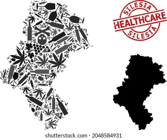 Vector narcotic mosaic map of Silesia Province. Rubber health care round red stamp. Template for narcotic addiction and health care purposes.