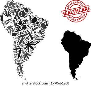 Mapa vectorial del mosaico narcótico de Sudamérica. Cuidados de caucho alrededor de la marca de agua roja. Concepto de adicción a los estupefacientes y proclamas de atención de la salud.