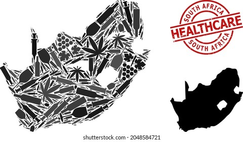 Vector narcotic mosaic map of South African Republic. Rubber health care round red rubber imitation. Concept for narcotic addiction and health care posters.