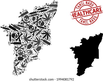 Vector narcotic mosaic map of Tamil Nadu State. Rubber healthcare round red imprint. Concept for narcotic addiction and medicine agitation. Map of Tamil Nadu State is shaped with injection needles,
