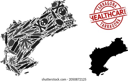 Vector narcotic mosaic map of Tarragona Province. Grunge health care round red badge. Concept for narcotic addiction and health care propaganda.