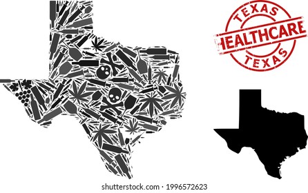 Vector narcotic mosaic map of Texas State. Grunge healthcare round red rubber imitation. Concept for narcotic addiction and medical purposes. Map of Texas State is constructed of injection needles,