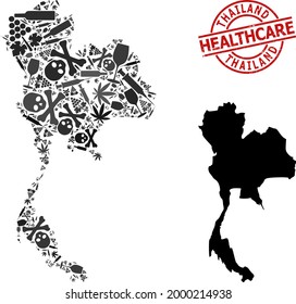 Vector narcotic mosaic map of Thailand. Grunge healthcare round red seal. Concept for narcotic addiction and healthcare proclamations. Map of Thailand is shaped from injection syringes, mortal,