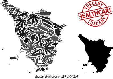 Vector narcotic mosaic map of Tuscany region. Rubber health care round red seal stamp. Template for narcotic addiction and health care applications.