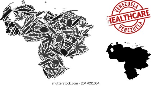 Vector narcotic mosaic map of Venezuela. Scratched health care round red imprint. Concept for narcotic addiction and health care applications. Map of Venezuela is made with injection needles, poison,