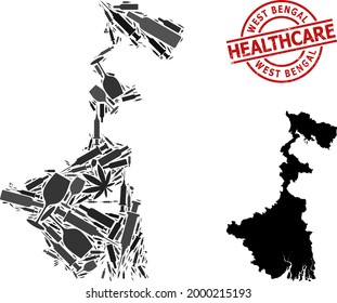 Vector narcotic mosaic map of West Bengal State. Grunge health care round red stamp. Concept for narcotic addiction and health care purposes.