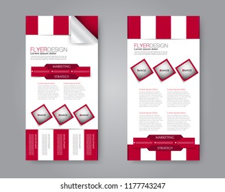 Vector narrow flyer and leaflet design. Set of two side brochure templates. Vertical banners. Red color.