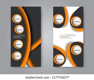 Vector narrow flyer and leaflet design. Set of two side brochure templates. Vertical banners. Black and orange color.