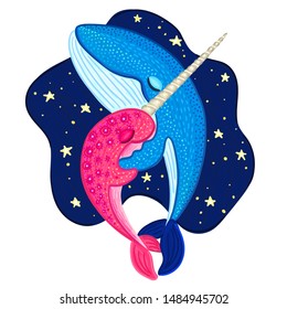 Vector narwhal and blue whale are hugging and dancing. Cute cartoon character. Colorful marine life. Design for attributes of water park and aquarium. Print on clothes, covers, posters. Sticker, label