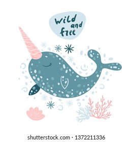 Vector narwhal clip art on white background. Pastel colors. Baby animal Nursery wall art