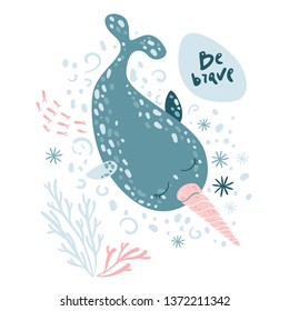 Vector narwhal clip art on white background. Pastel colors. Baby animal Nursery wall art