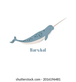Vector Narwhal whale. Cartoon illustration on white background for sticker, design