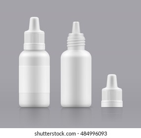 Vector nasal spray. Eye drops. Open and closed white plastic bottles. Container with medical drug for nose. Blank packing - vector isolated illustration