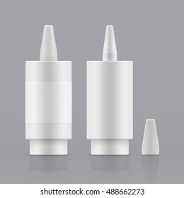 Vector nasal spray. White plastic container for liquid. Open and closed white plastic bottles. Container with medical drug for nose. Blank packing - realistic vector isolated illustration