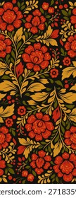 Patrón floral decorativo nacional de Vector. Ornamento eslavo con flores rojas sobre un fondo negro para Fondo de pantalla, tela y papel de regalo.
