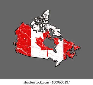 Vector national flag of Canada .Grunge aged map with flag t shirt print design.Canadian Vinyl wall decal sticker template isolated on grey background.