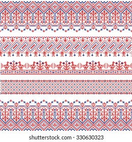 Vector national folk seamless pattern for textiles, postcards, background. Collection of Slavic patterns: Russian, Ukrainian, Belarussian. Cross stitch on the fabric.