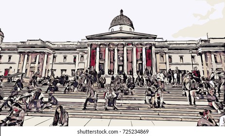 Vector of The National Gallery is an art museum in Trafalgar Square in the City of Westminster, in Central London UK ( United kingdom, England ) in illustration. svg