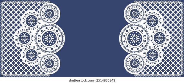 Vector. National Hispanic Heritage Month. Web banner, poster, cover, splash screen, social media, backgraund with copy space for your text. Perforated blue patterns Papel Picado, floral pattern.