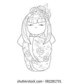 Vector national kokesi Japanese doll in kimono patterned with wild flowers and dragonflies. The picture for coloring. Cartoon style. Coloring book