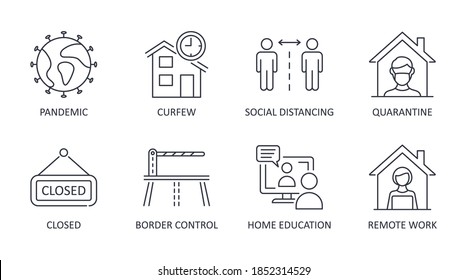 Vector national lockdown icons. Editable stroke. Pandemic coronavirus curfew quarantine self-isolation. Mask social distancing stay at home. Store closures border control home education remote work