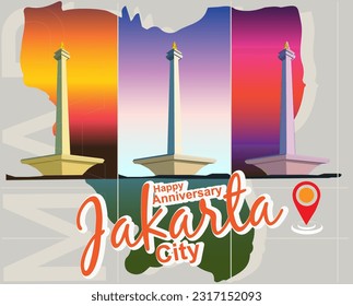 vector national monument monas Jakarta city indonesia happy anniversary day 3 image different colour background time and jakarta location map point background