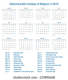 Vector national public holidays of Belgium in 2015. Template design calendar.