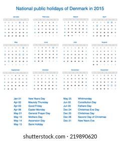 Vector national public holidays of Denmark in 2015. Template design calendar.