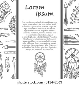 Vector native american concept with cartoon hand drawn objects and seamless background on injun theme: tomahawk, feather, canoe, bow, arrow, hat, mandala, flute, pipe, dreamcatcher for your design
