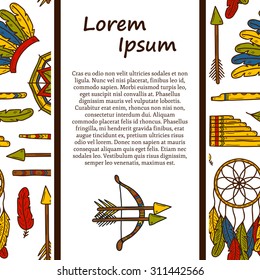 Vector native american concept with cartoon hand drawn objects and seamless background on injun theme: tomahawk, feather, canoe, bow, arrow, hat, mandala, flute, pipe, dreamcatcher for your design