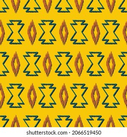 Vector native aztec and rhombus shape seamless background. Ethnic tribal yellow-green-brown color simple pattern design. Use for fabric, textile, interior decoration elements, upholstery, wrapping.