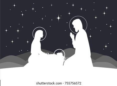 Vector nativity scene. Mary, Jesus, and Joseph silhouettes and mountains landscape