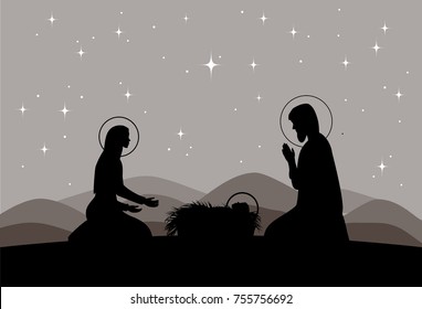 Vector nativity scene. Mary, Jesus, and Joseph silhouettes and mountains landscape