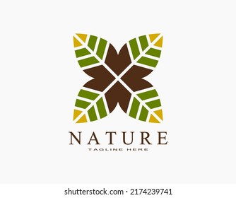 Vector natural abstract emblem. Flower of leaf with green and brown. Green ecology concept. Suitable illustration for hotel, spa, organic, salon, business.