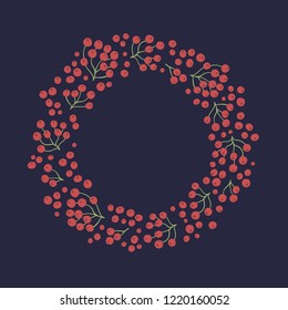Vector natural autumn wreath of rowan twigs with berries on a dark background. Round seasonal frame.