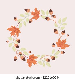 Vector natural autumn wreath of various bright colored leaves and acorns on a light background. Round seasonal frame.