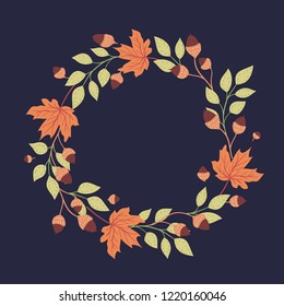 Vector natural autumn wreath of various bright colored leaves and acorns on a dark background. Round seasonal frame.