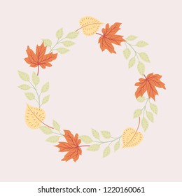 Vector natural autumn wreath of various bright colored leaves on a light background. Round seasonal frame.