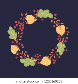 Vector natural autumn wreath of various bright colored leaves and rowan berries, barberry twigs on a dark background. Round seasonal frame.