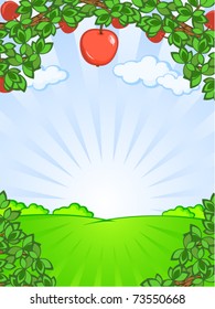 Vector natural background. Rural landscape of the field, the apple trees. Rays of light.
